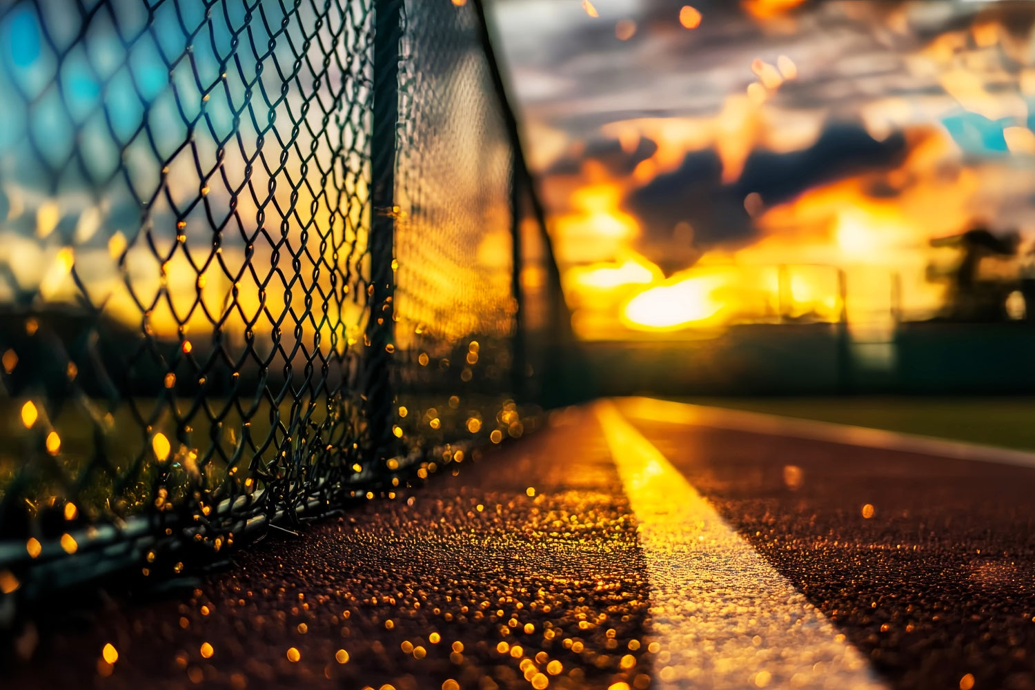 Fond sportif avec clôture en chaîne au coucher du soleil Fonds sportifs pour la photographie LXX59-320