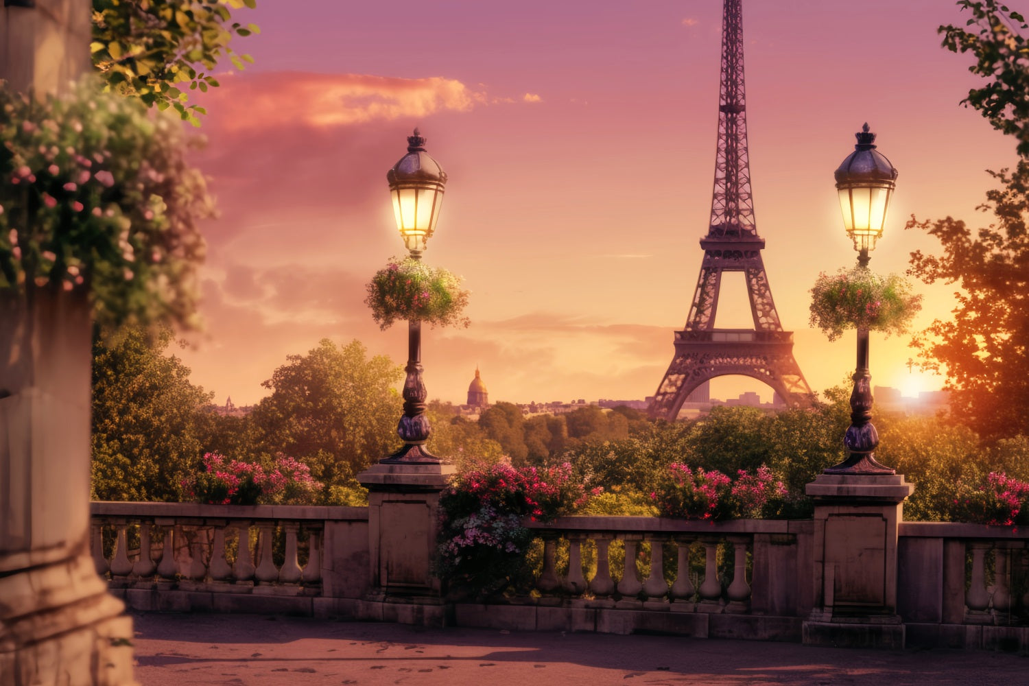 Toile de fond Paris Tour Eiffel Balcon Coucher de Soleil Idées LXX59-40