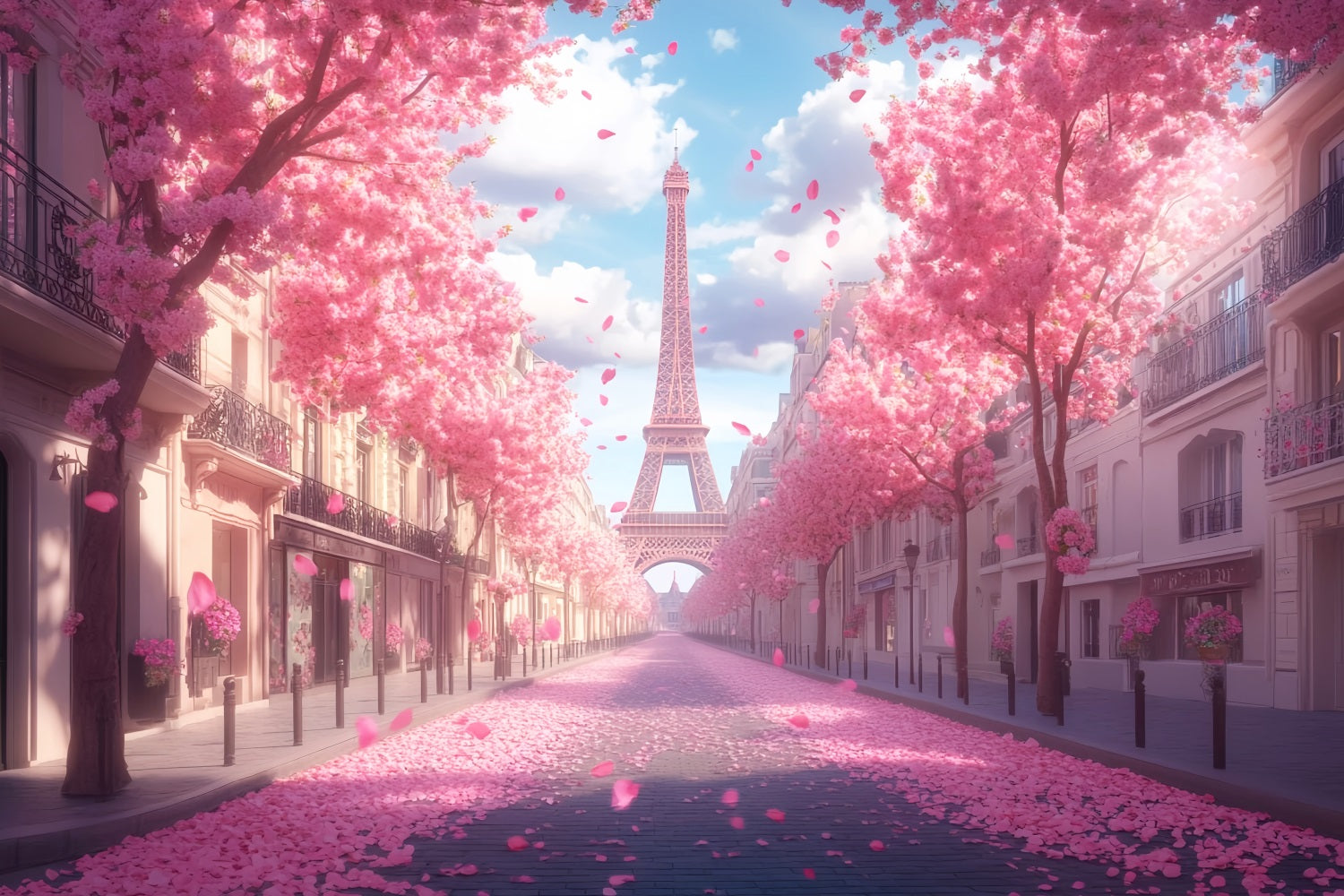 Toile de fond Paris Tour Eiffel Rue Cerisiers en Fleurs LXX59-41