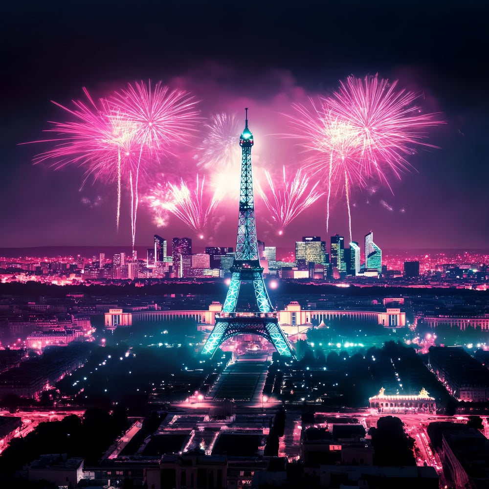 Toile de fond Paris Nuit Tour Eiffel Feu d’Artifice LXX59-58