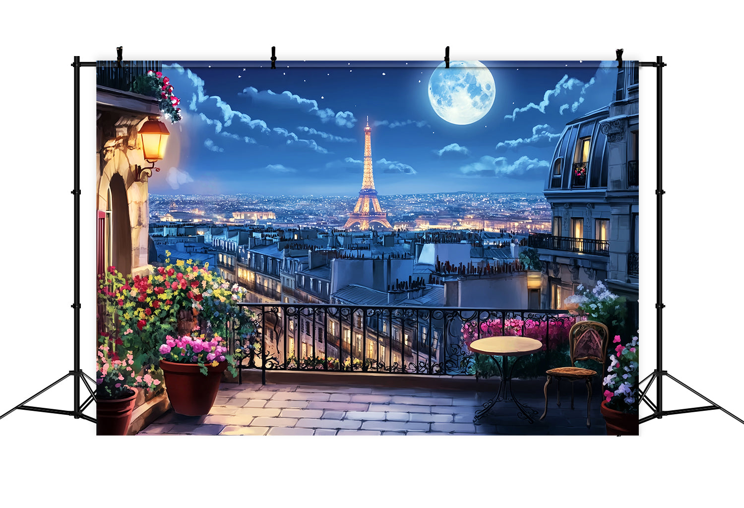 Toile de fond Paris Nuit Balcon Clair de Lune Tour Eiffel LXX59-59