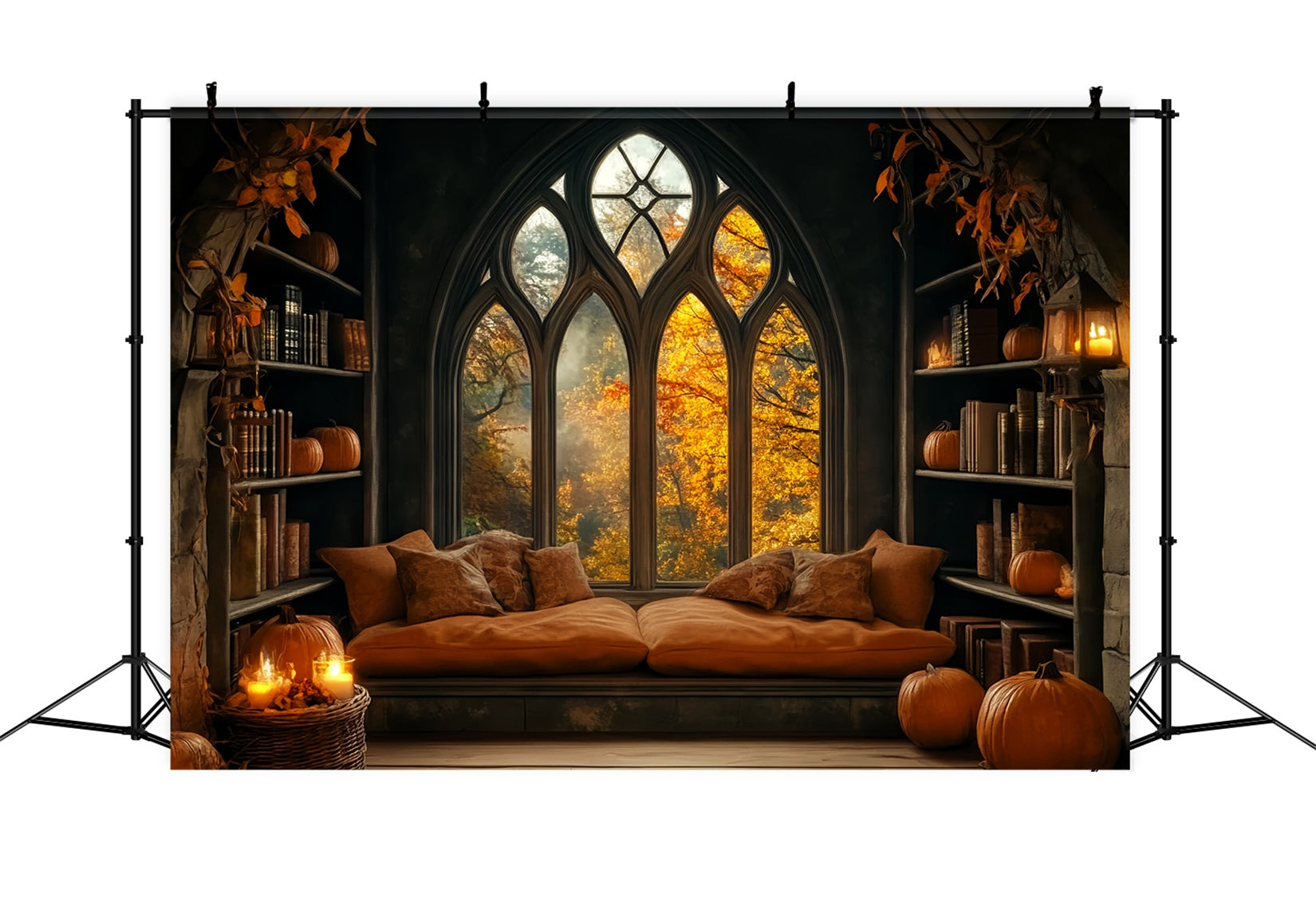 Toile De Fond Halloween Bibliothèque Fenêtre Citrouille Confortable LXX59-80