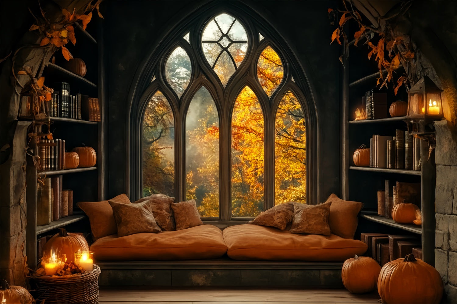Toile De Fond Halloween Bibliothèque Fenêtre Citrouille Confortable LXX59-80