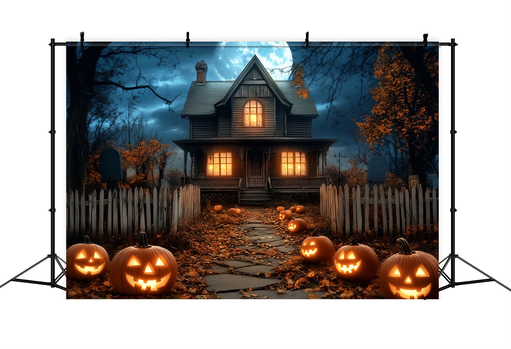 Toile De Fond Halloween Maison Hantée Lanternes Citrouilles Lune LXX59-81