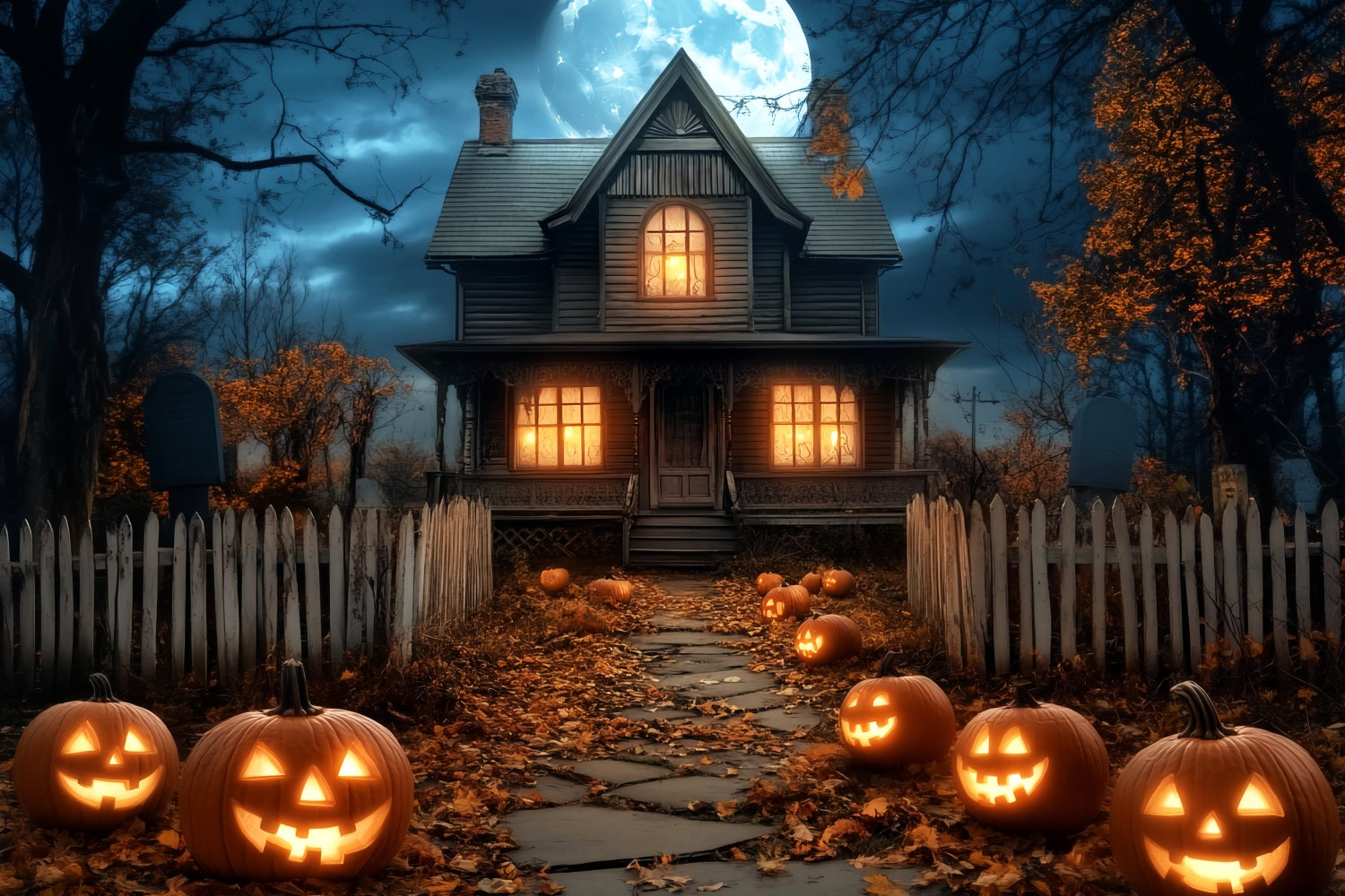 Toile De Fond Halloween Maison Hantée Lanternes Citrouilles Lune LXX59-81