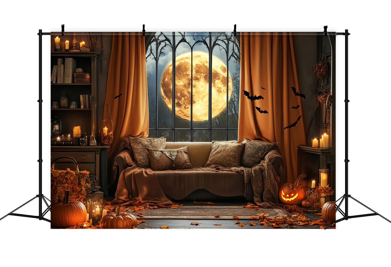 Toile De Fond Halloween Chauve-Souris Pleine Lune Fenêtre Gothique LXX59-82
