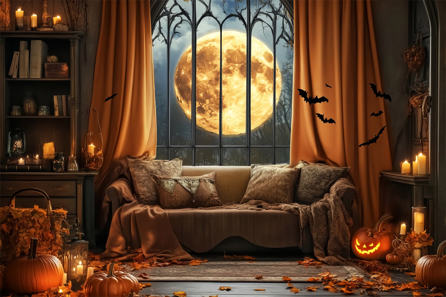 Toile De Fond Halloween Chauve-Souris Pleine Lune Fenêtre Gothique LXX59-82