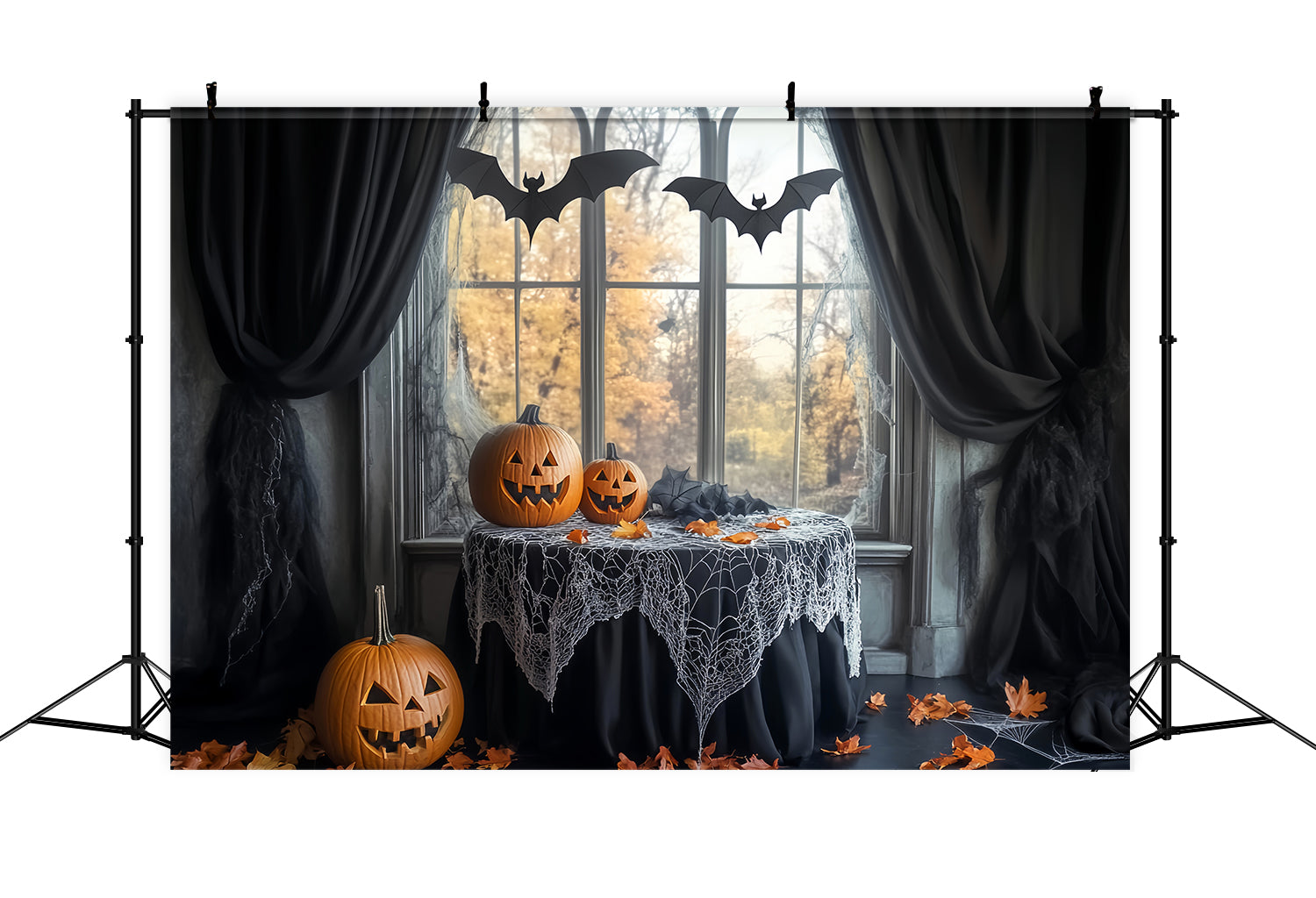 Toile De Fond Photo Halloween Chauve-Souris Toile D’Araignée Table Citrouilles LXX59-83
