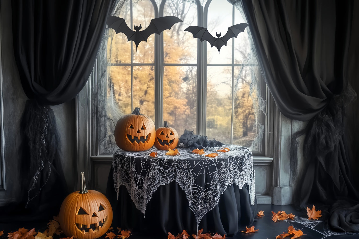 Toile De Fond Photo Halloween Chauve-Souris Toile D’Araignée Table Citrouilles LXX59-83