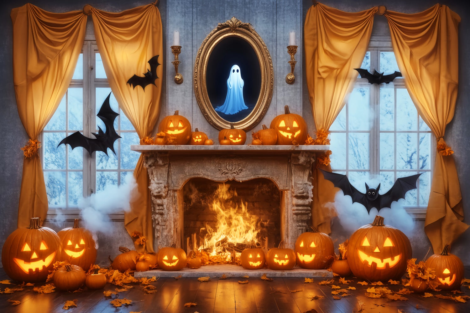 Toile Photo Halloween Fantôme Miroir Cheminée Citrouilles Fantôme LXX59-85