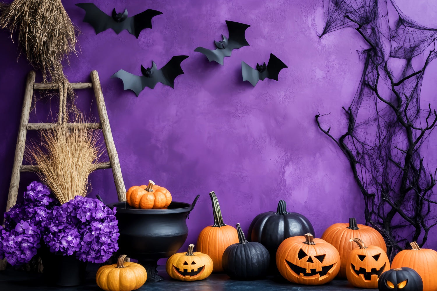 Toile De Fond Photo Halloween Mur Violet Citrouille Chaudron LXX59-91
