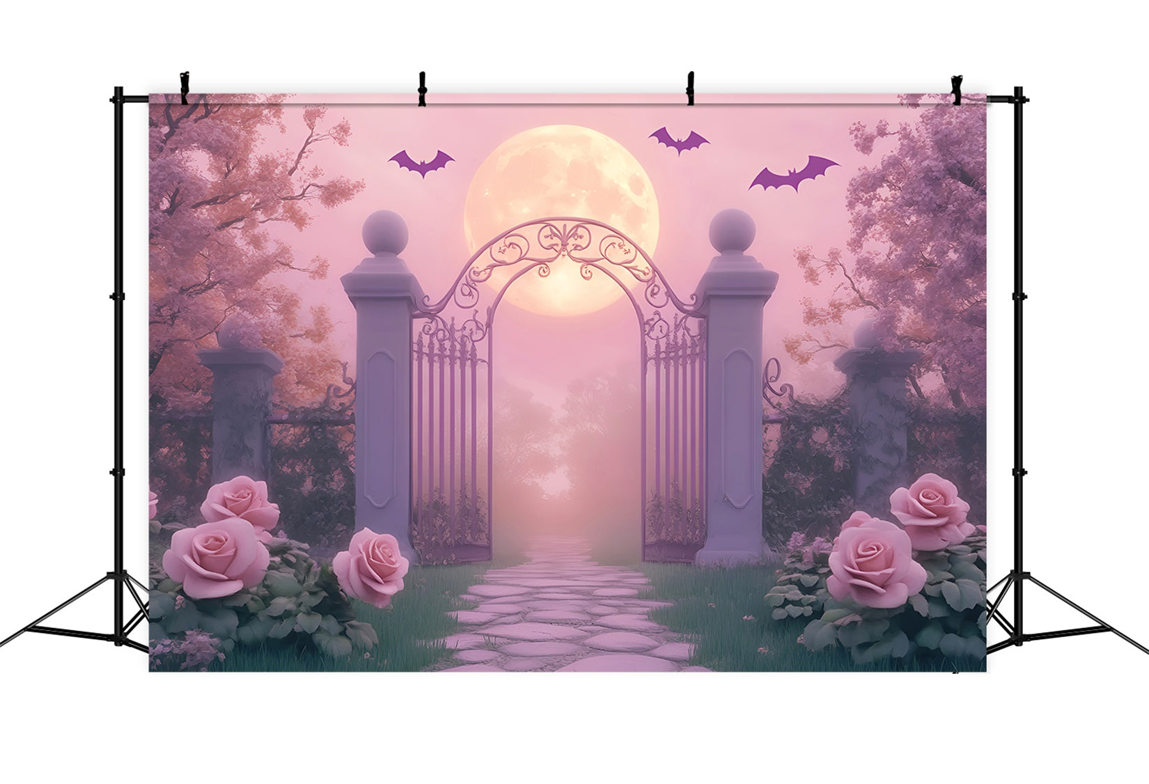 Toile De Fond Photo Halloween Araignée Jardin Clair De Lune Portail Roses LXX59-93