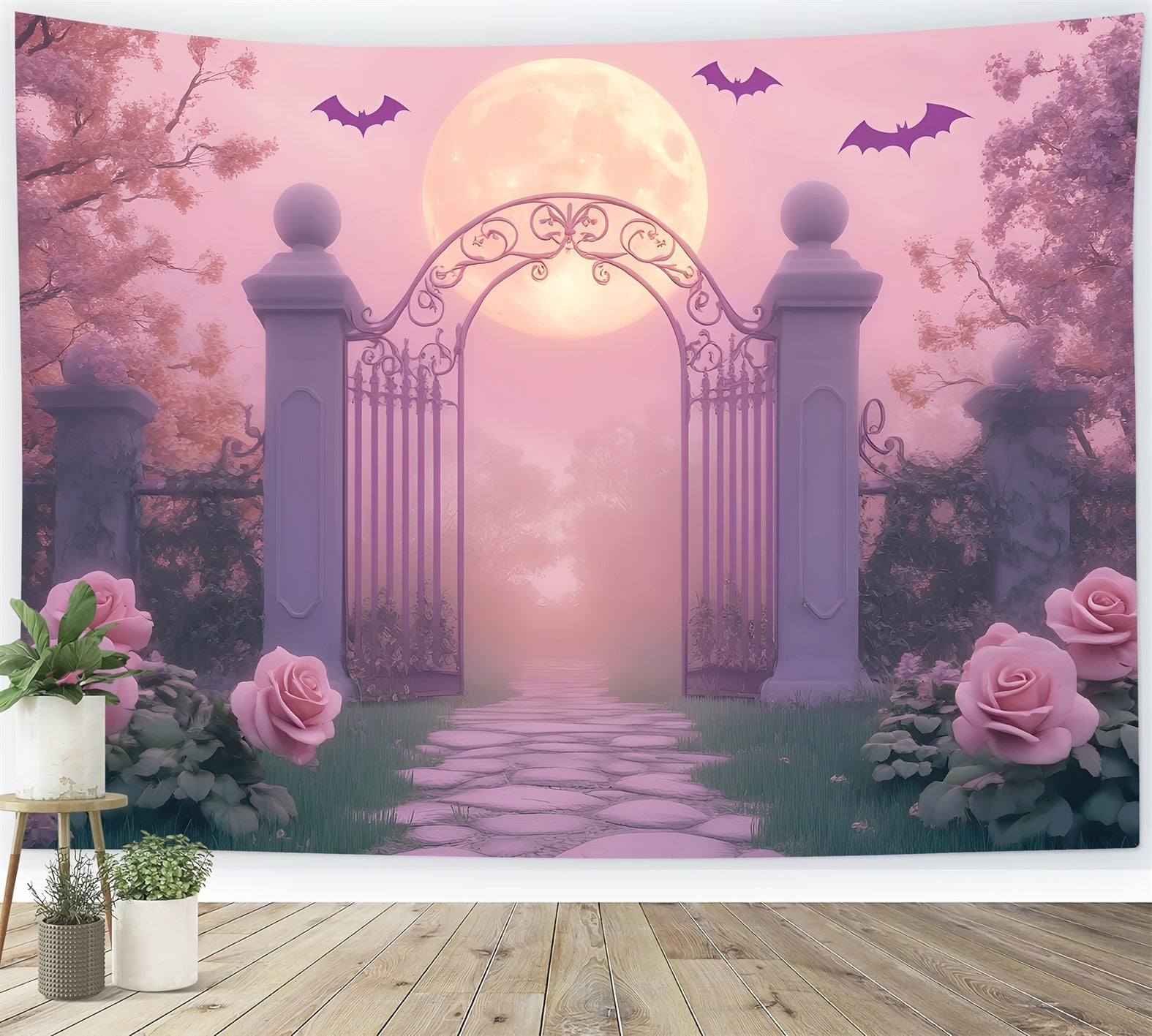 Toile De Fond Photo Halloween Araignée Jardin Clair De Lune Portail Roses LXX59-93