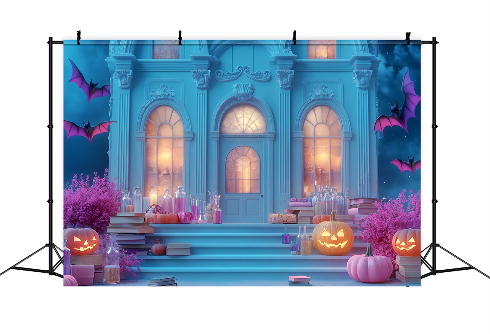 Toile De Fond Halloween Chauve-Souris Manoir Hanté Escaliers Citrouilles LXX59-94
