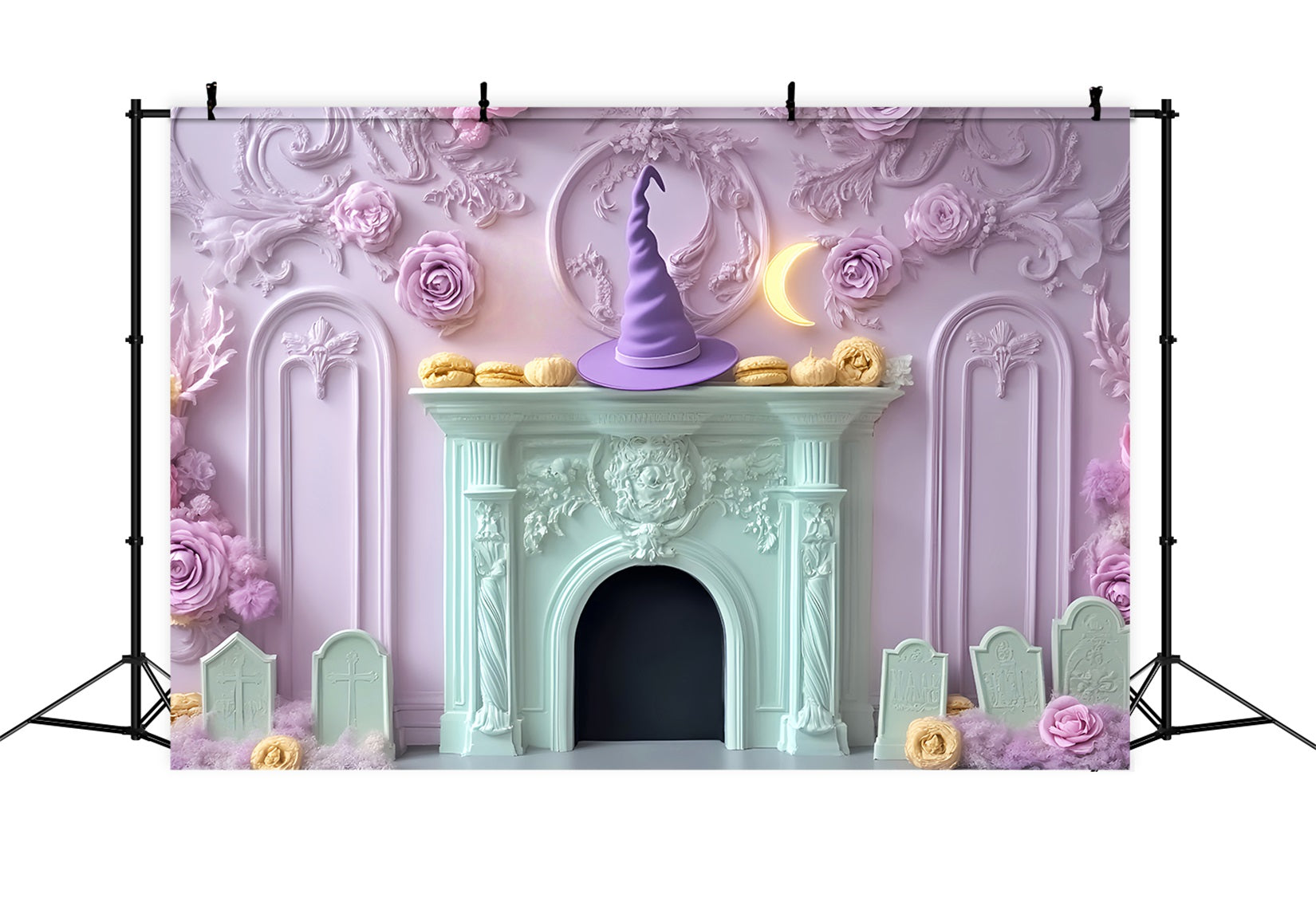 Toile De Fond Halloween Chauve-Souris Pastel Chapeau De Sorcière Cheminée LXX59-95