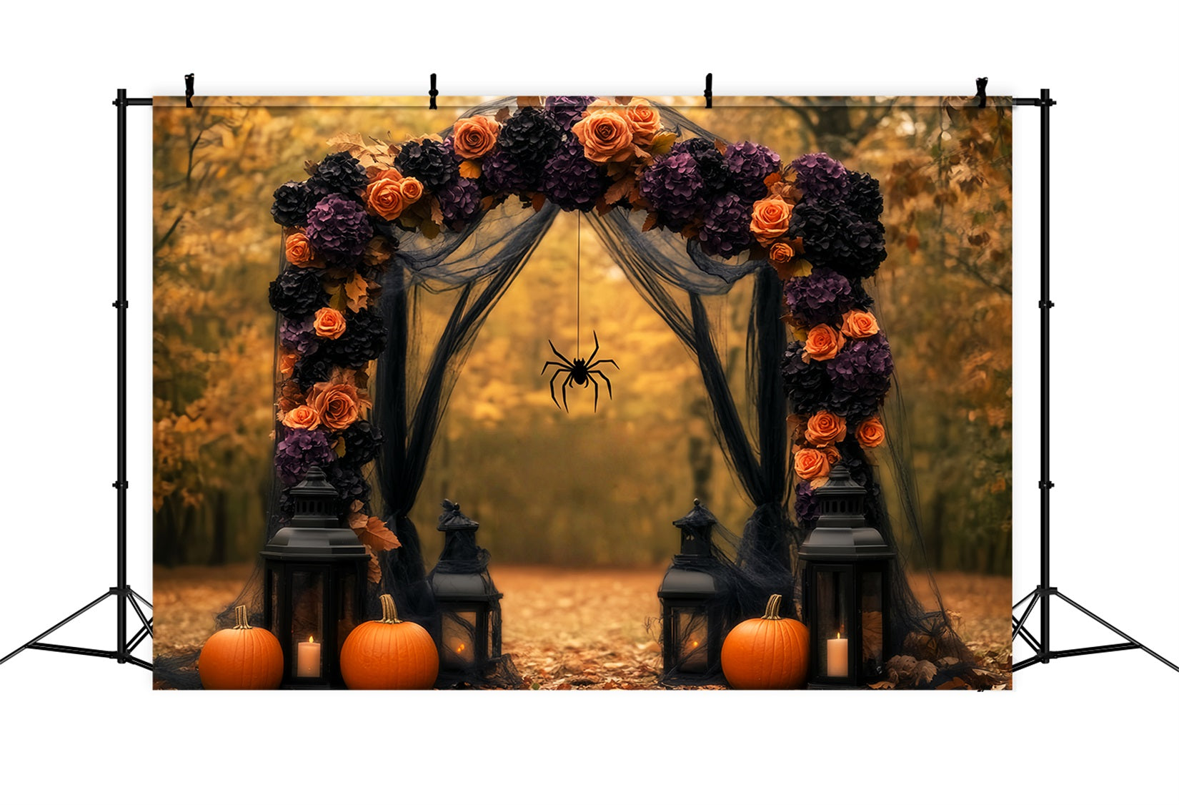 Toile De Fond Photo Halloween Araignée Arche Florale Automne Citrouilles Lanternes LXX59-96