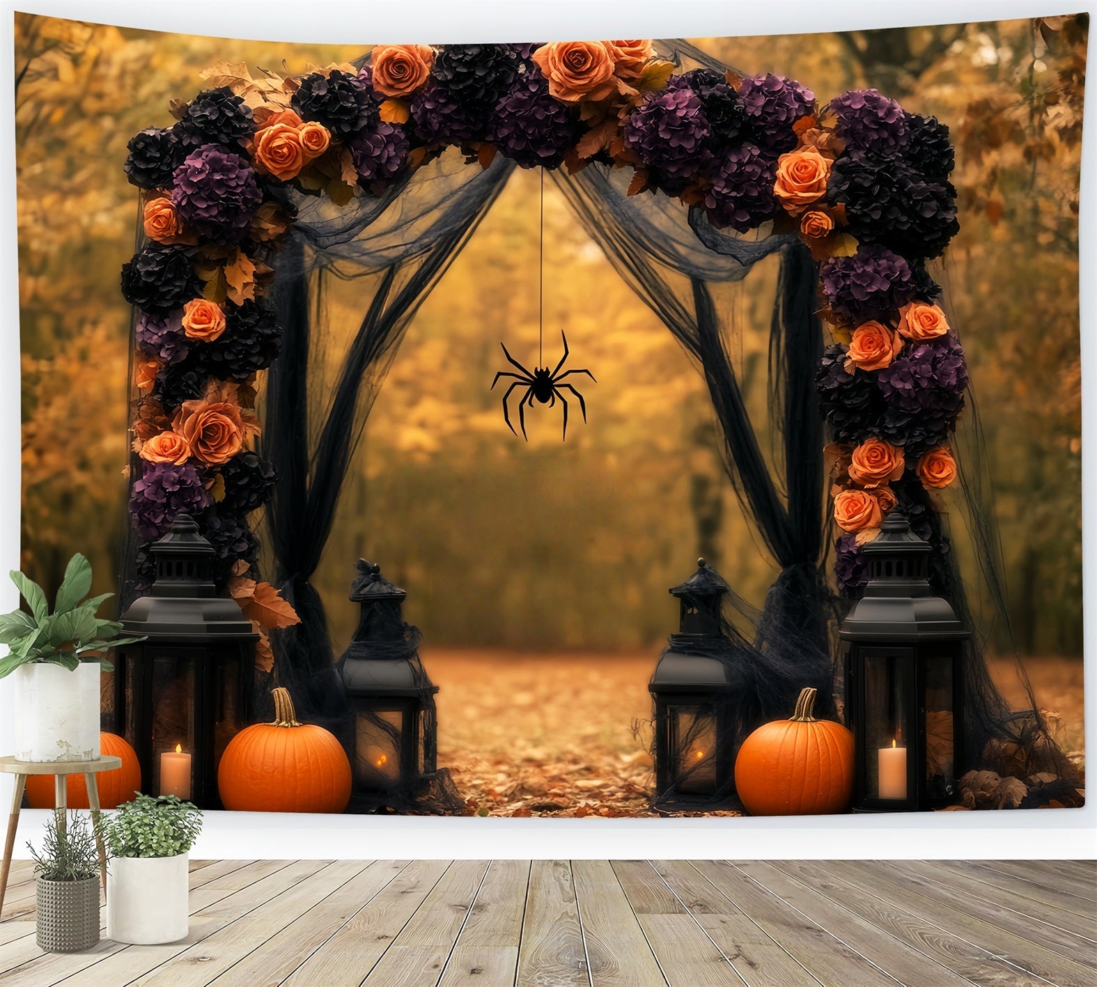 Toile De Fond Photo Halloween Araignée Arche Florale Automne Citrouilles Lanternes LXX59-96