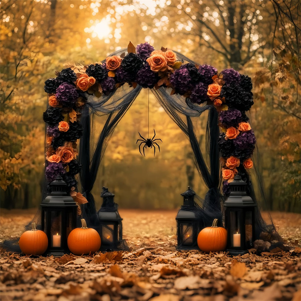 Toile De Fond Photo Halloween Araignée Arche Florale Automne Citrouilles Lanternes LXX59-96