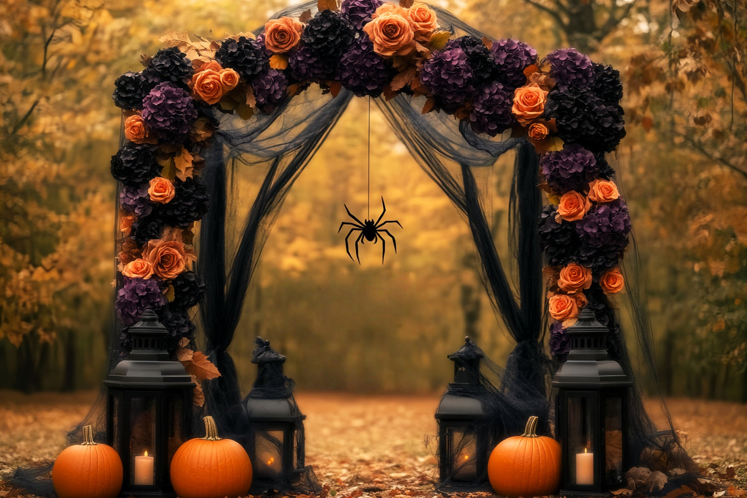 Toile De Fond Photo Halloween Araignée Arche Florale Automne Citrouilles Lanternes LXX59-96