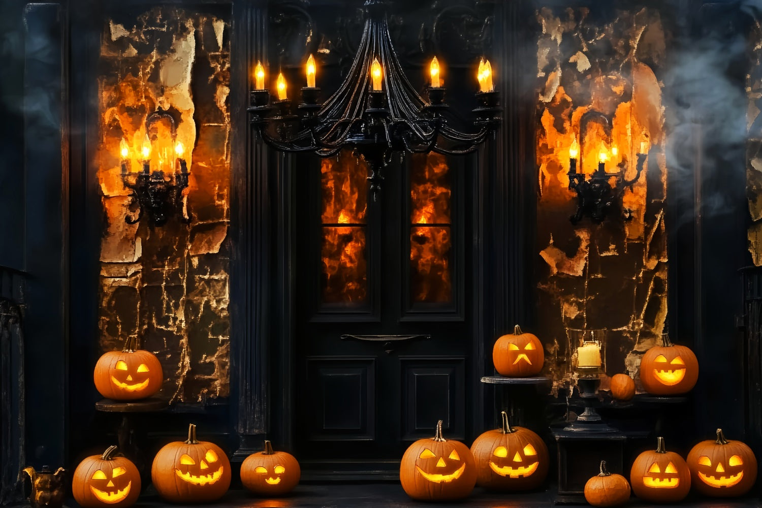 Toile De Fond Halloween Araignée Manoir Hanté Porte Citrouilles Lanternes LXX59-97