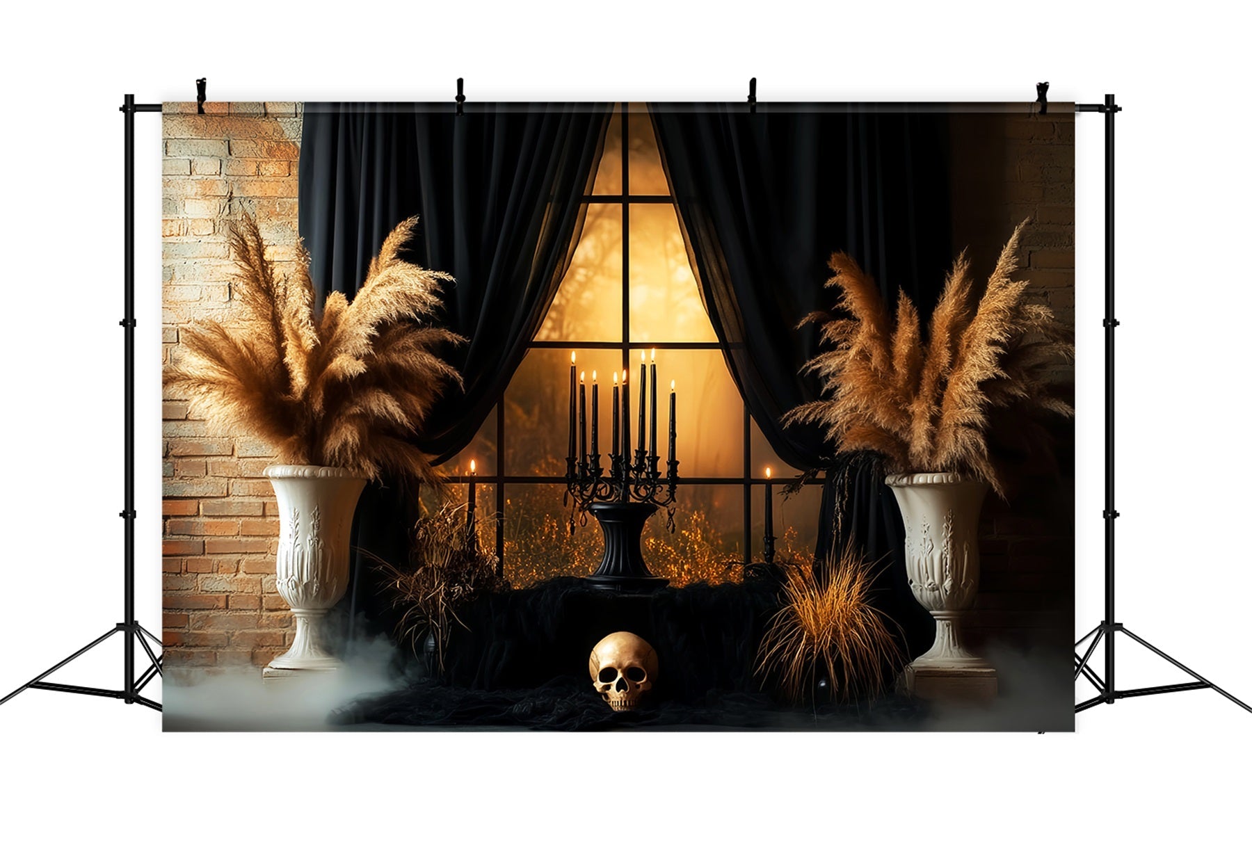 Fond Studio Halloween Lugubre Rideau Noir Crâne Fenêtre Bougies LXX59-99