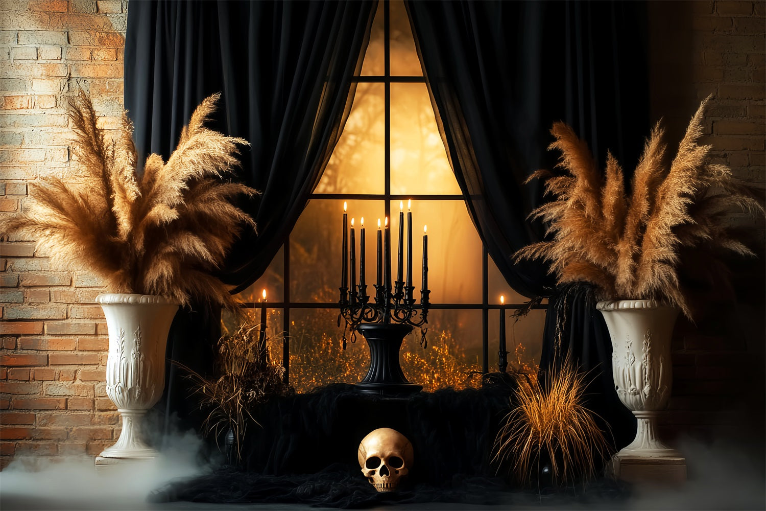 Fond Studio Halloween Lugubre Rideau Noir Crâne Fenêtre Bougies LXX59-99