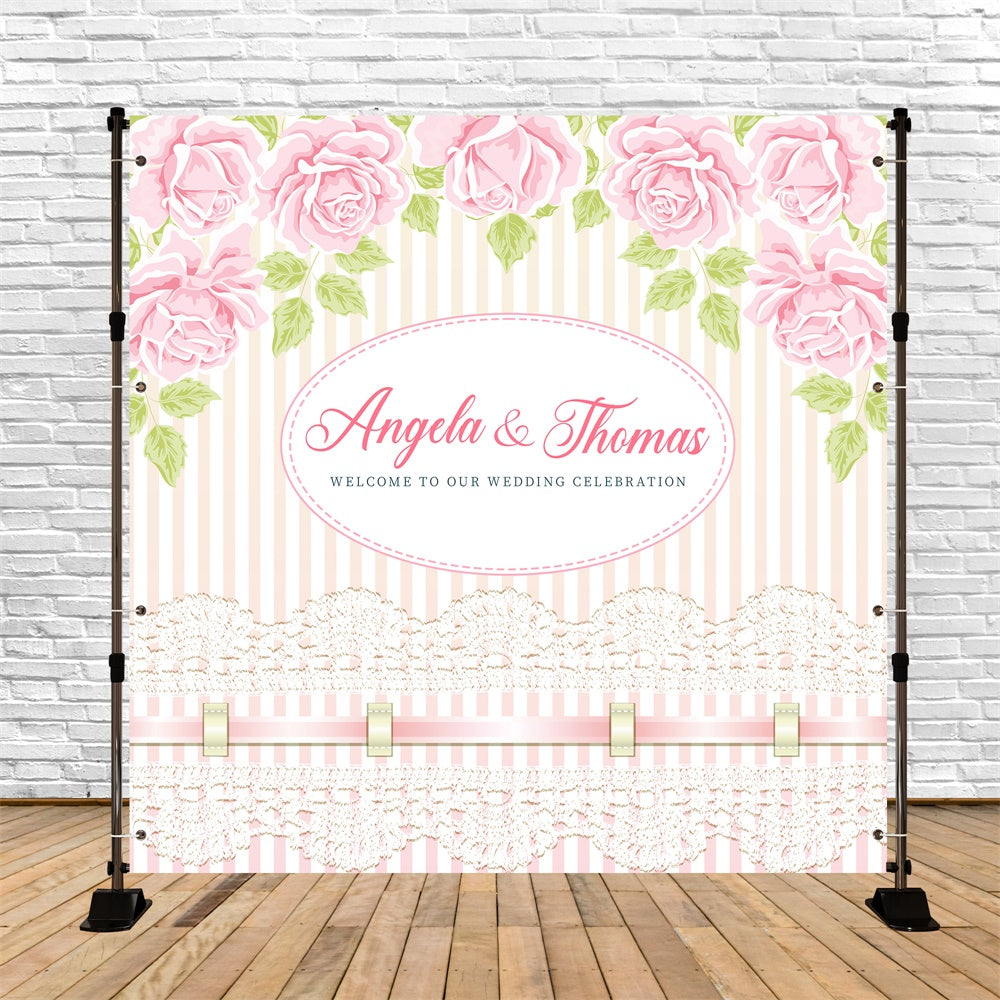Toile de fond Mariage Personnalisée Rayures Dentelle et Roses LXX6-136