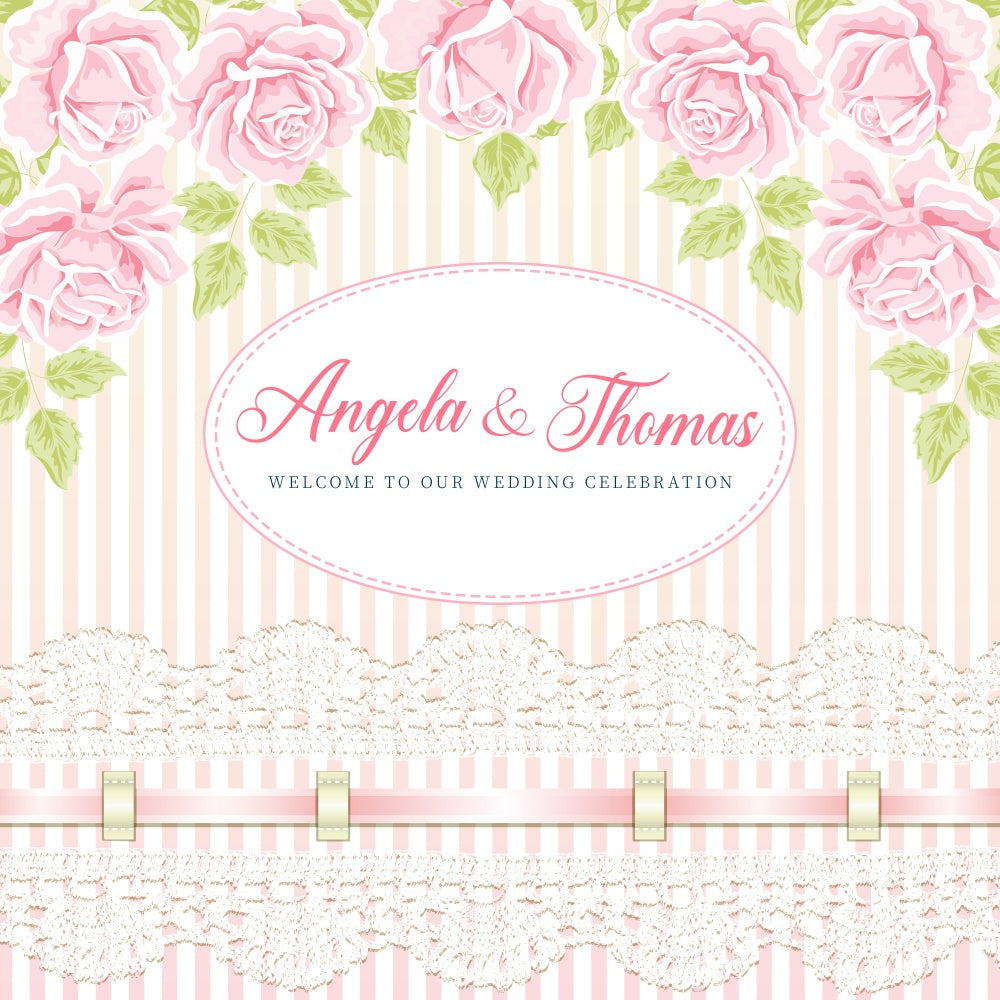 Toile de fond Mariage Personnalisée Rayures Dentelle et Roses LXX6-136