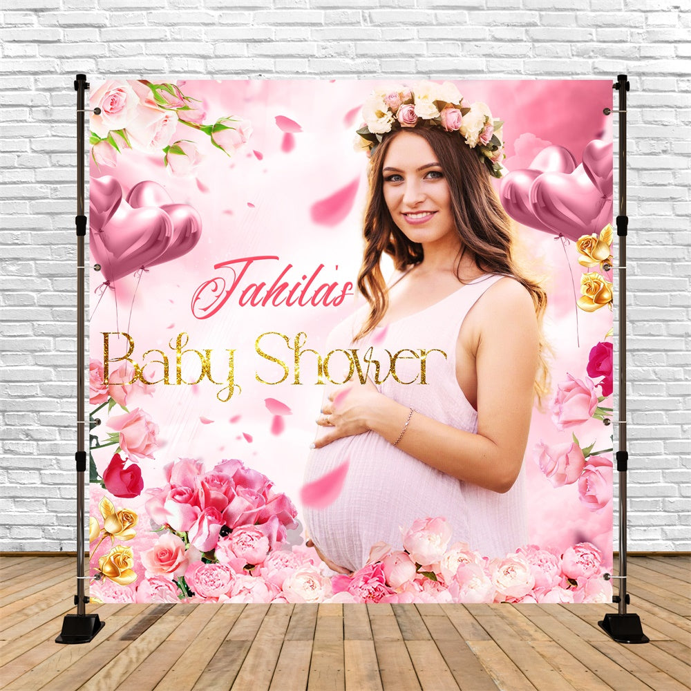 Toile de fond Baby Shower Personnalisable Élégance Rose et Fleurs LXX6-239