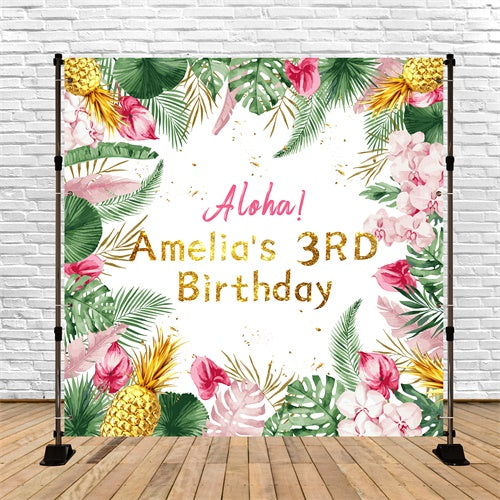 Toile de fond Deco Anniversaire Personnalisé Fleurs Tropicales 3 Ans LXX6-47