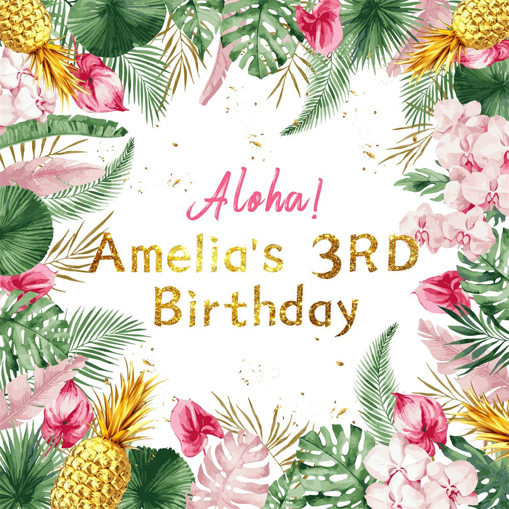 Toile de fond Deco Anniversaire Personnalisé Fleurs Tropicales 3 Ans LXX6-47