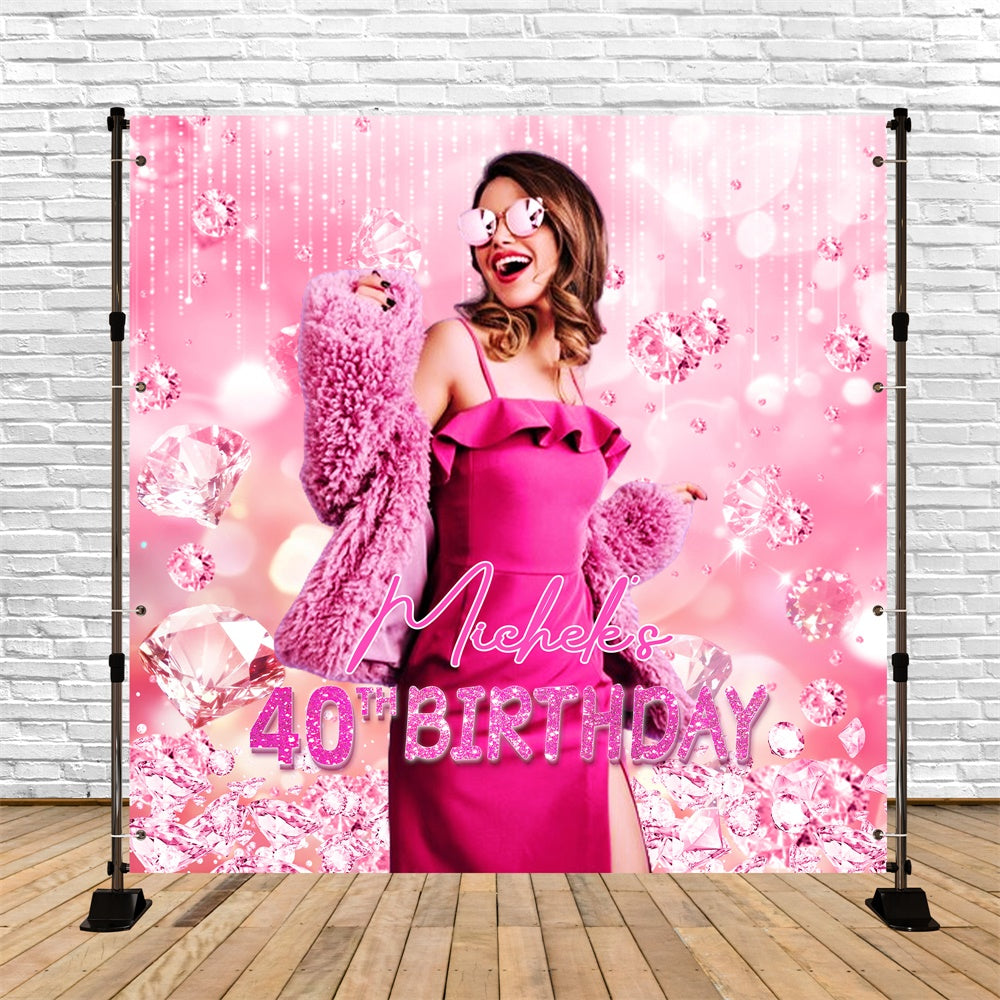 Toile de fond Photo Anniversaire Personnalisable Diamant Rose Étincelant 40 Ans LXX6-61