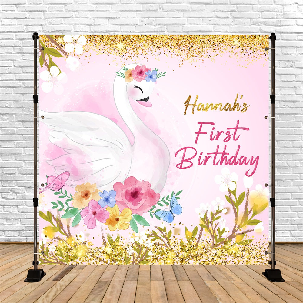 Toile de fond Anniversaire Personnalisé Cygne Élégant Floral 1er Anniversaire LXX6-66