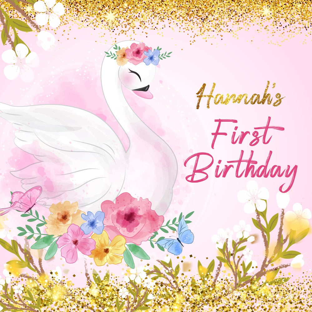 Toile de fond Anniversaire Personnalisé Cygne Élégant Floral 1er Anniversaire LXX6-66
