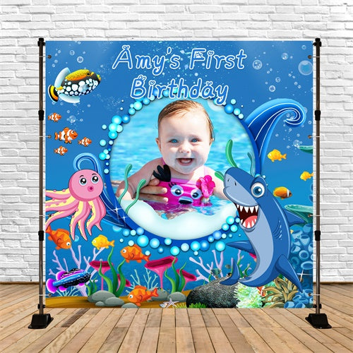 Toile de fond Photo Anniversaire Personnalisable Amis de la Mer 1er Anniversaire LXX6-70
