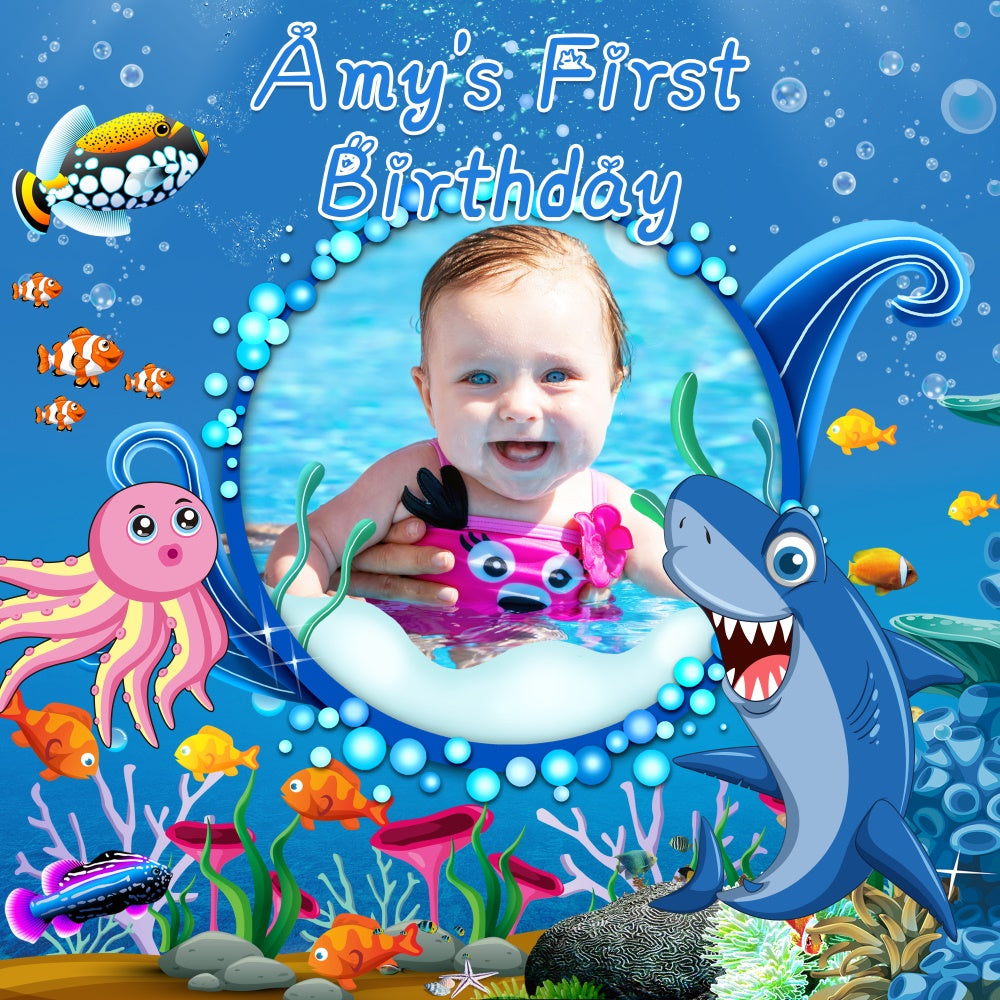 Toile de fond Photo Anniversaire Personnalisable Amis de la Mer 1er Anniversaire LXX6-70