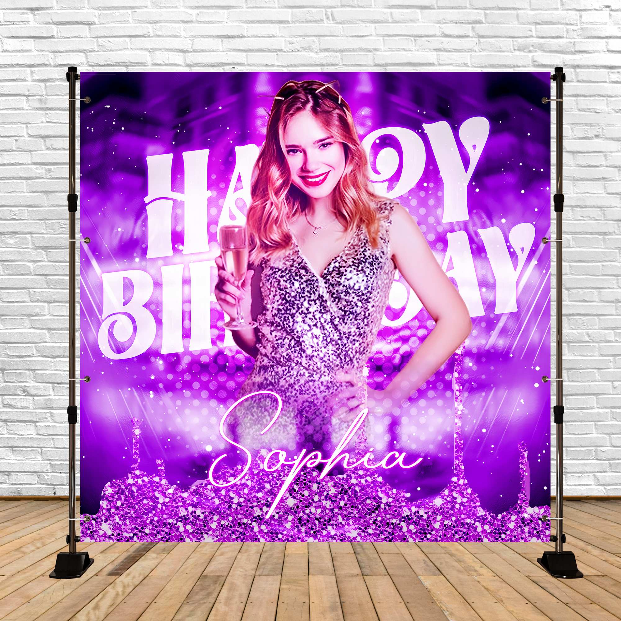 Toile de fond Photo Anniversaire Personnalisable Reine Étincelante Violette LXX6-86