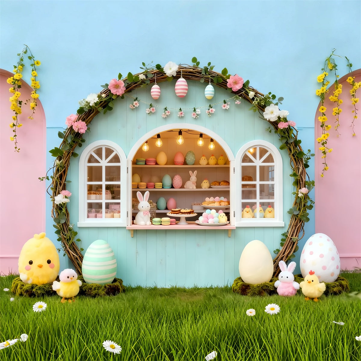 Fond Photo Pâques Stand Boulangerie Lapin Arche Pastel LXX61-105