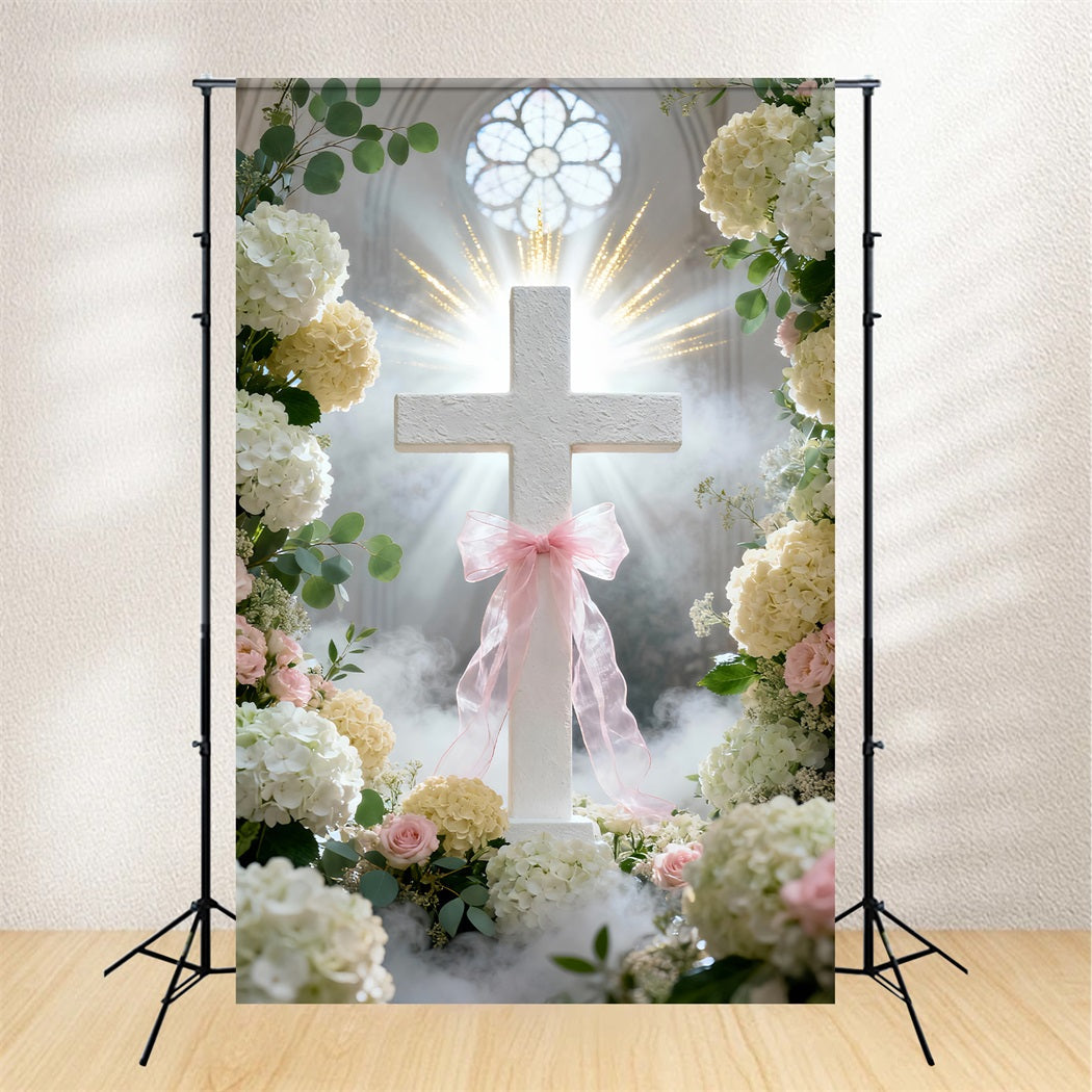 Fond de Pâques Fenêtre Église Ruban Rose Fleurs LXX61-108
