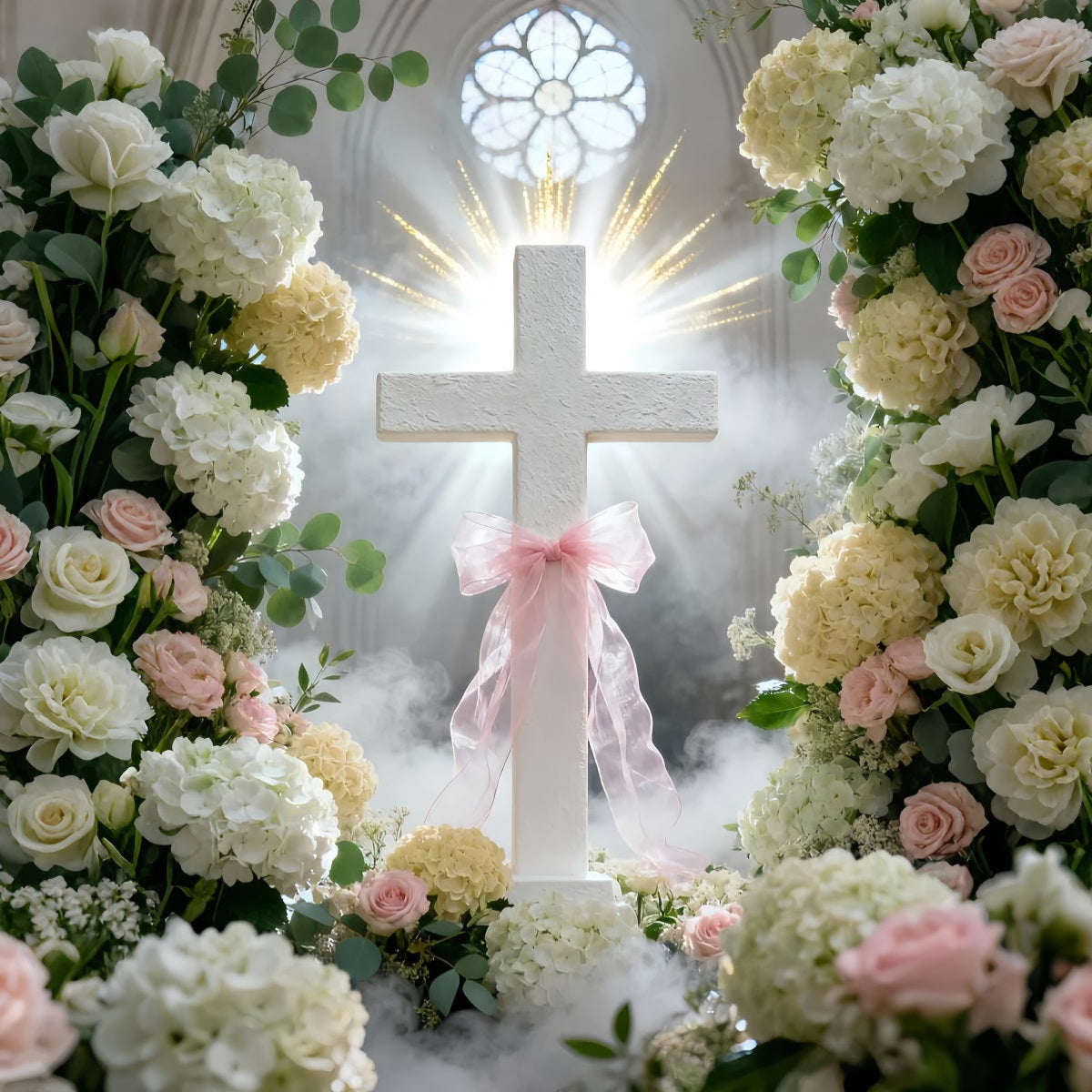 Fond de Pâques Fenêtre Église Ruban Rose Fleurs LXX61-108