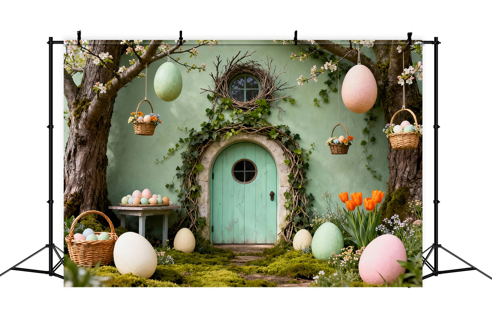 Toile de fond Pâques Porte Verte Panier Œufs Suspendus LXX61-110