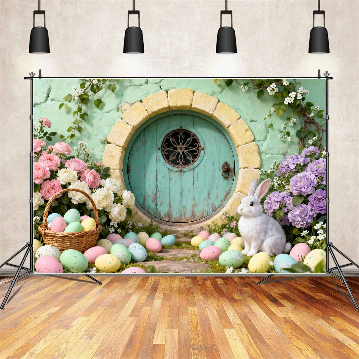Toile de fond de Pâques Porte Ronde Œufs Fleurs Sauvages LXX61-111