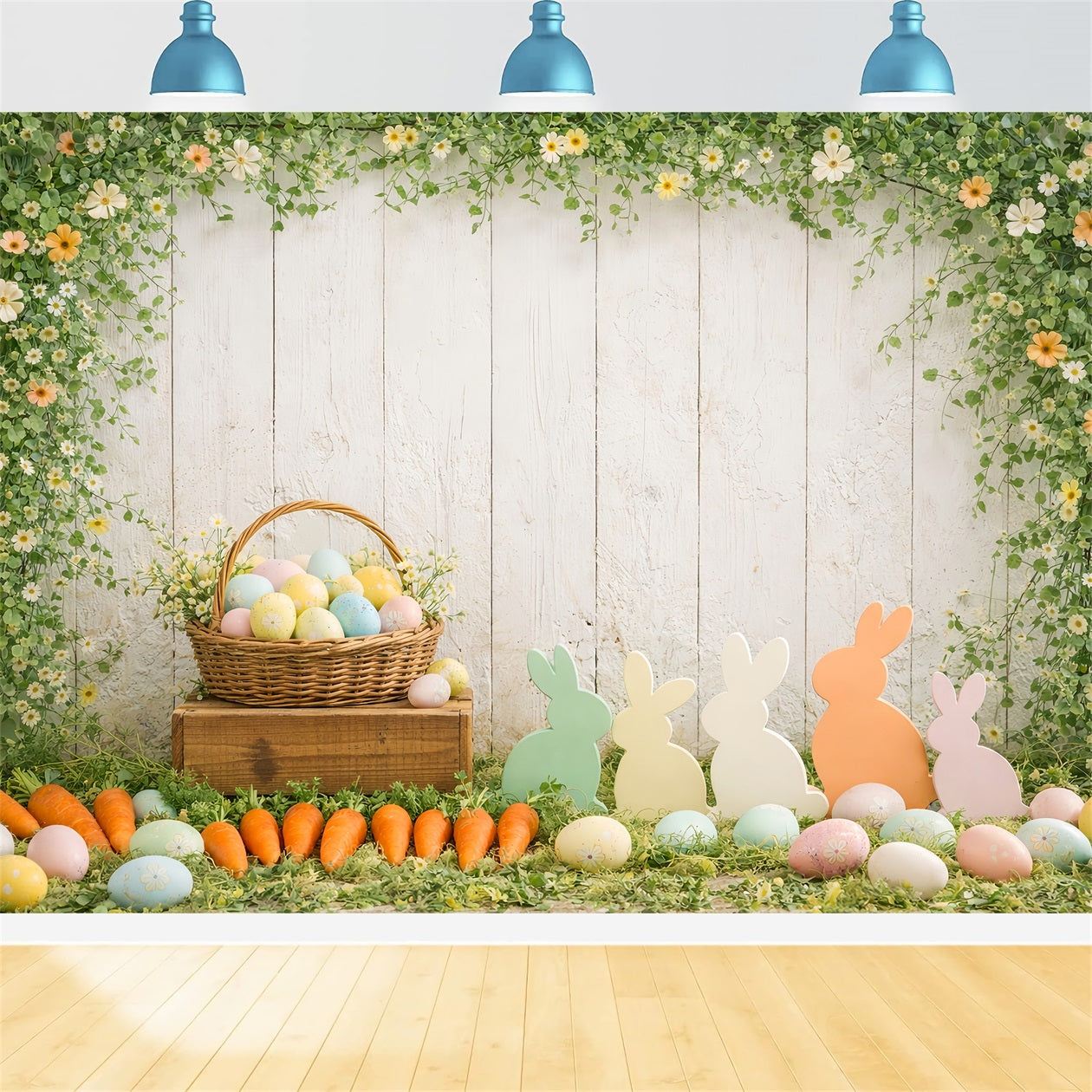Toile de fond de Pâques Panier Œufs Bouquet Carottes LXX61-115