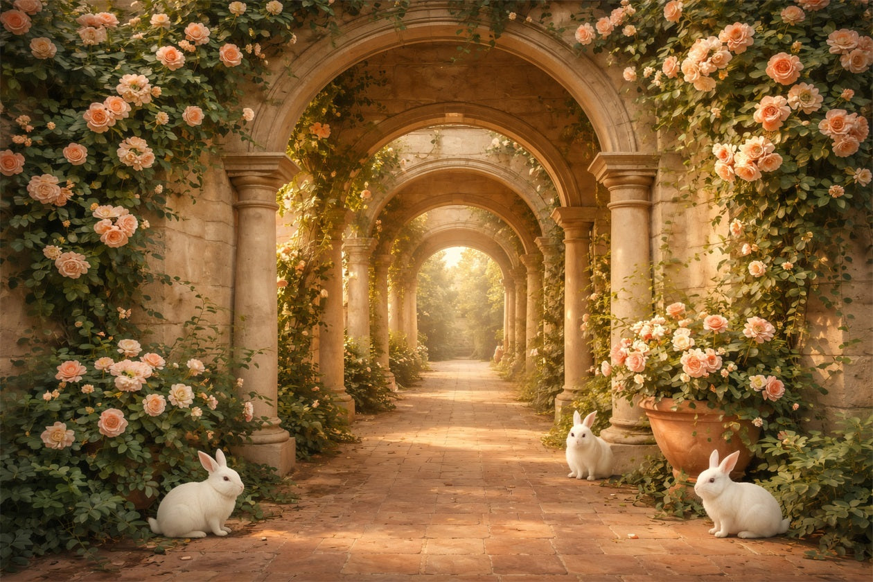 Fond Photo Pâques Arche Roses Lapin Chemin Pierre LXX61-117