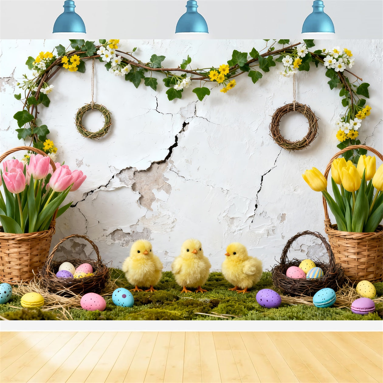 Toile de fond de Pâques Paniers Œufs Tulipees Couronne LXX61-119