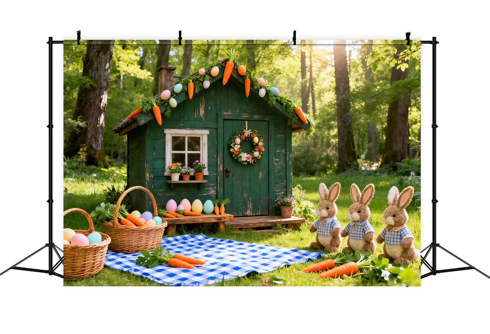 Toile de fond Pâques Cabane Verte Lapins Carottes Pique-Nique LXX61-122
