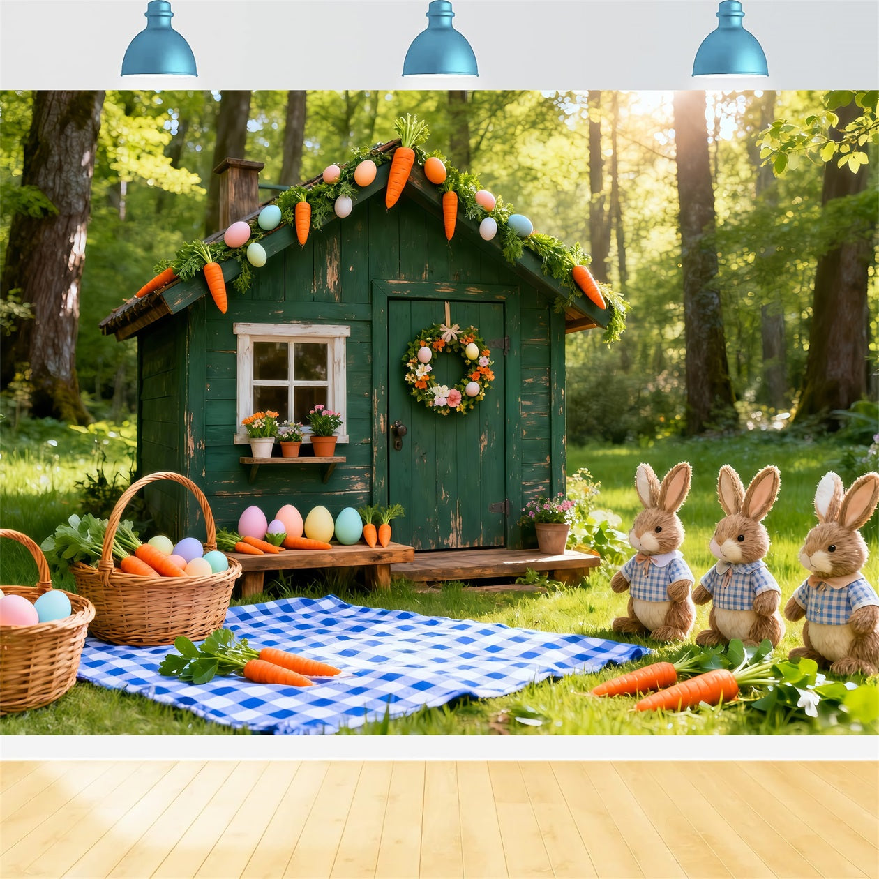 Toile de fond Pâques Cabane Verte Lapins Carottes Pique-Nique LXX61-122
