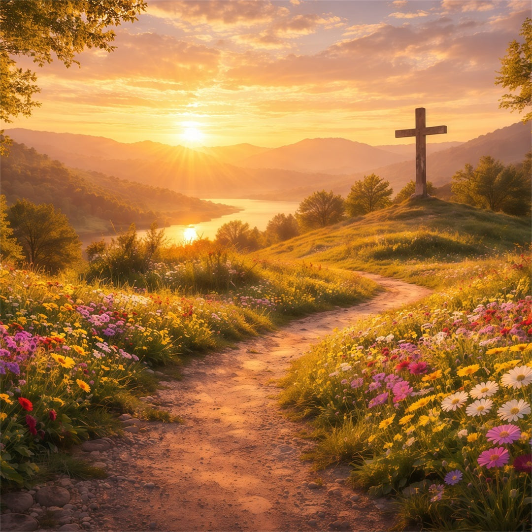 Fond de Pâques Il Est Ressuscité Croix Coucher De Soleil LXX61-124