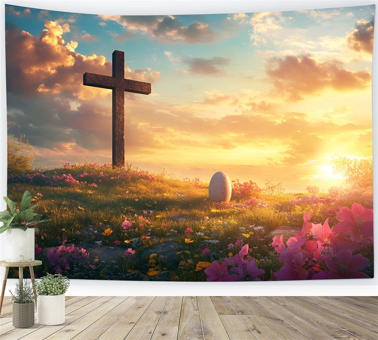 Toile de fond Pâques Il Est Ressuscité Croix Prairie LXX61-142