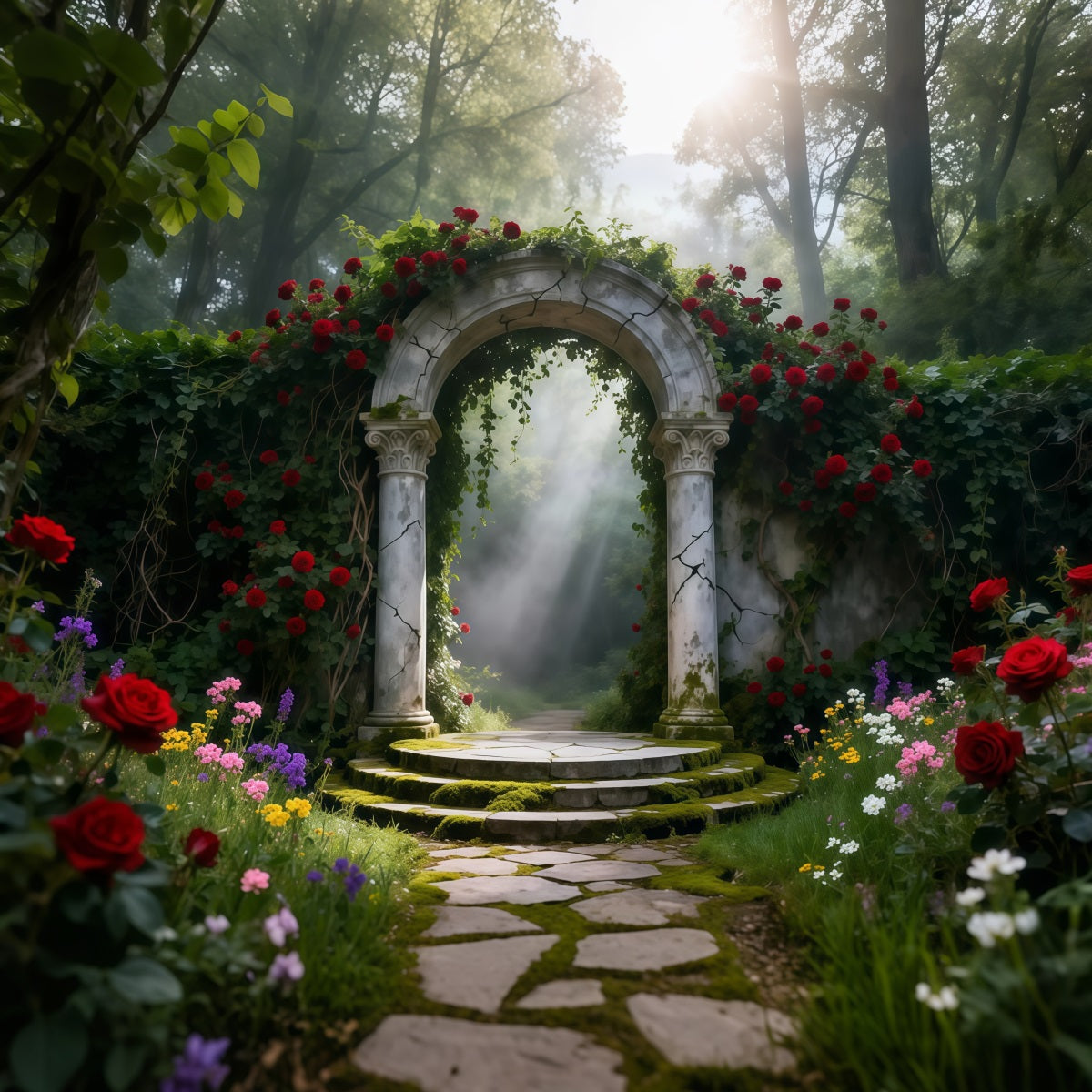 Fond Studio Photo Printemps Arche Pierre Jardin Roses Lumière LXX61-155